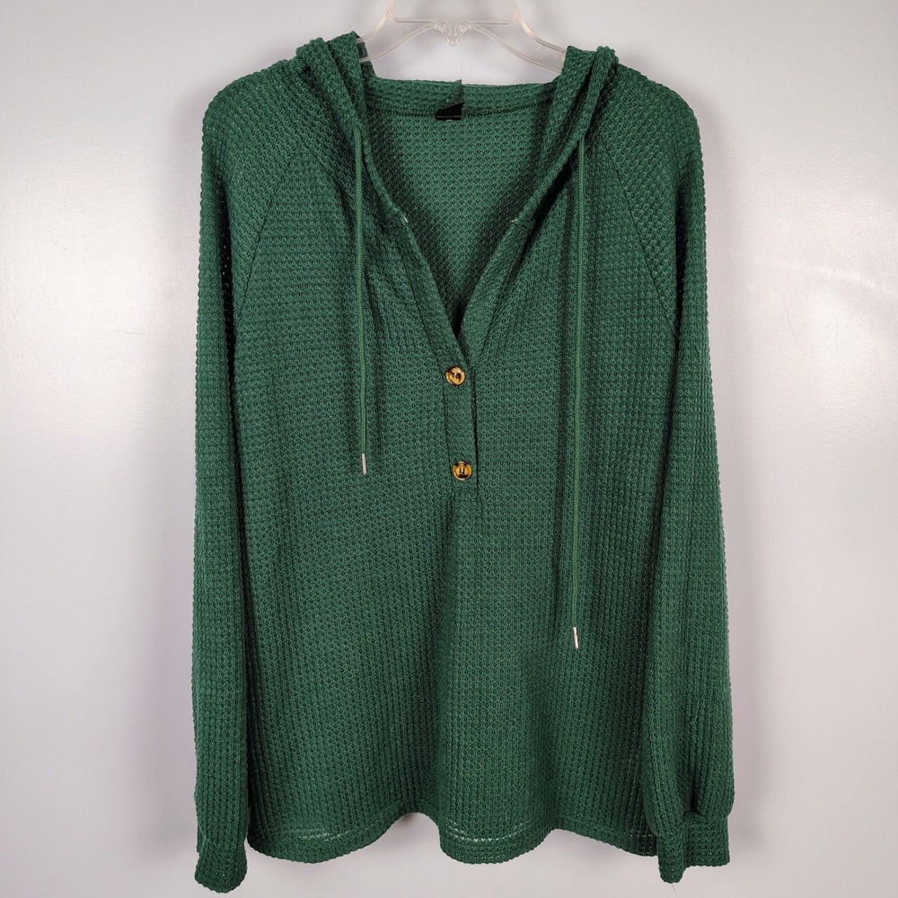 Womens L Waffle Knit Henley Hoodie Green Textured Gorpcore Casual Pullover - Picture 2 of 10